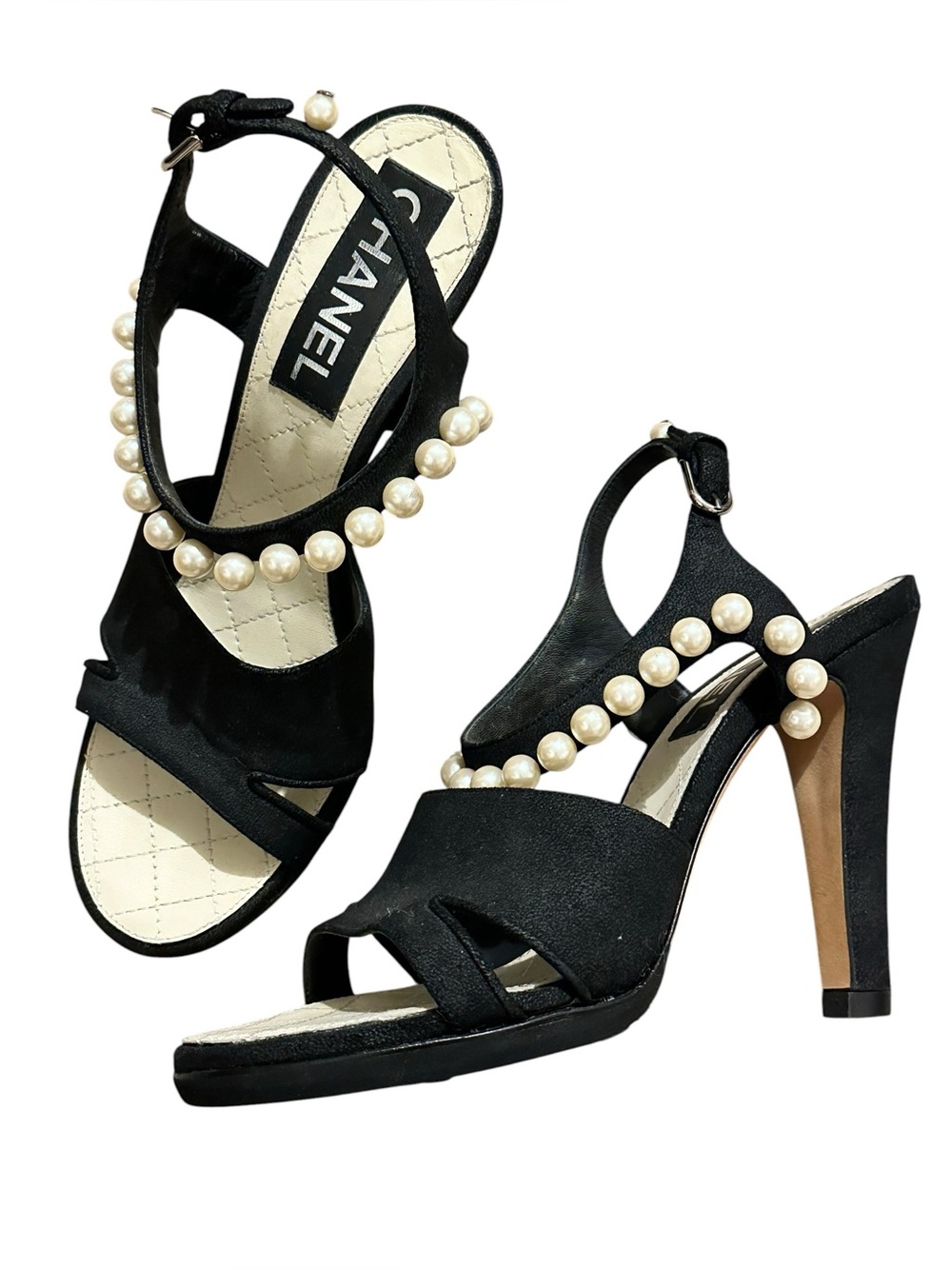 CHANEL 2014 Runway Black Suede Faux Pearl CC Slingback Sandals NWOT